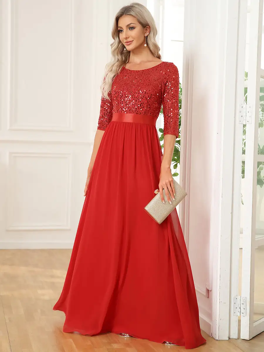 Elegant Round Neckline 3/4 Sleeve Sequins Patchwork Wholesale Evening Dress