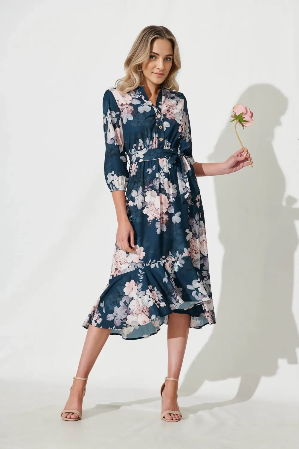 Jemimah Midi Dress In Teal With Blush Floral Print