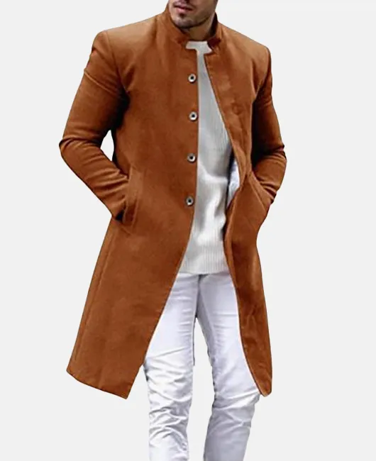 Daily Stand Collar Single Breasted Plain Long Wool Coat