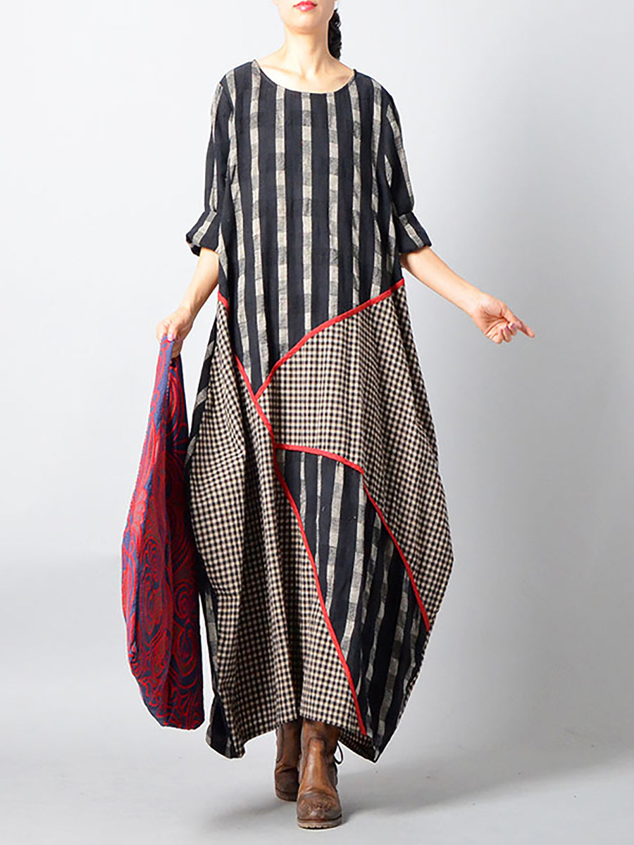 Plus Size - Stripes Plaid Spliced Irregular Cotton Linen Dress