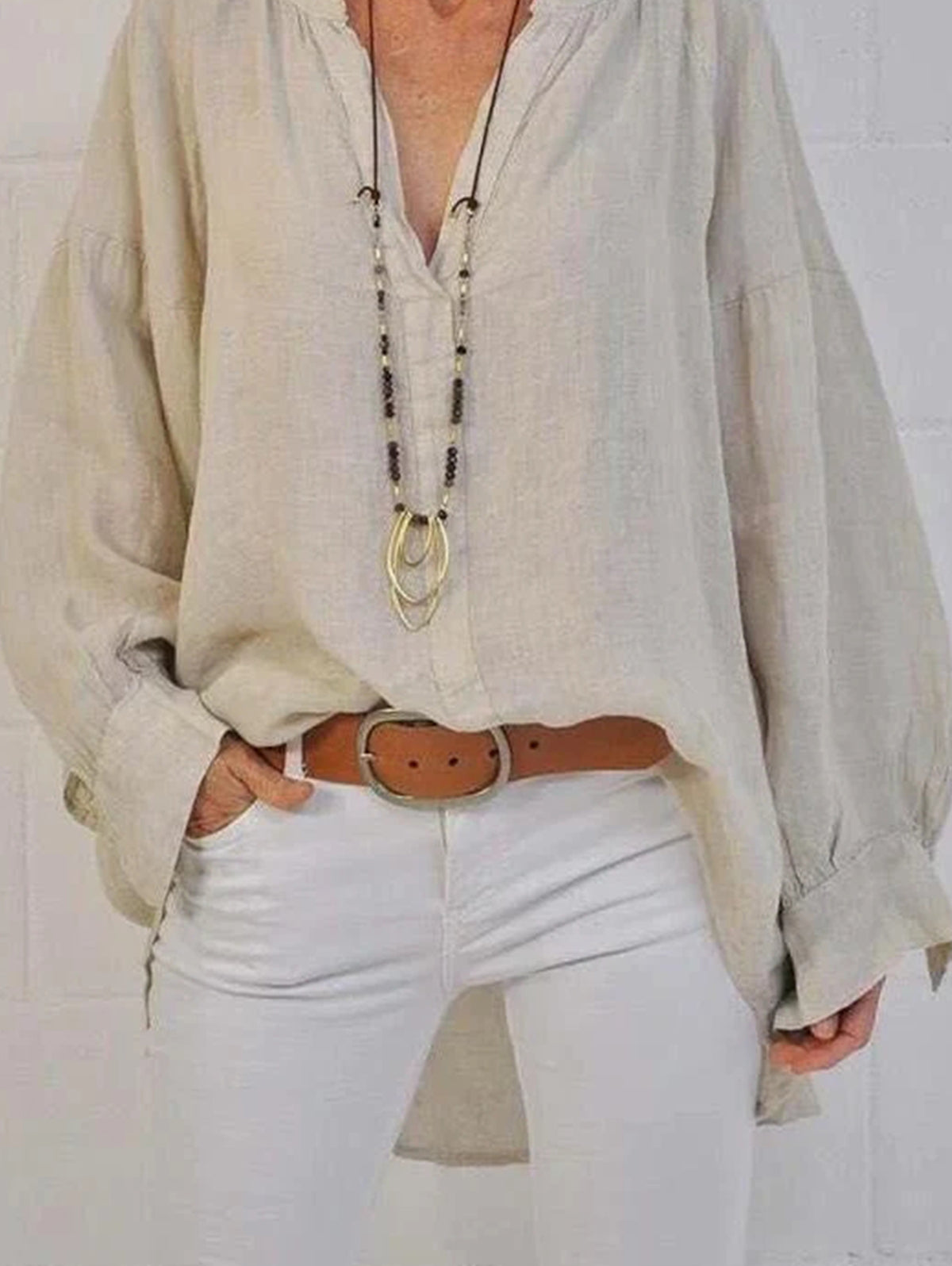 Casual V Neck Solid Color Long Sleeve Loose Blouse