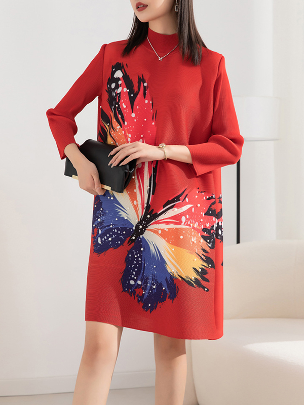 Casual Long Sleeves Loose Contrast Color Printed Pleated Beaded Stand Collar Mini Dresses