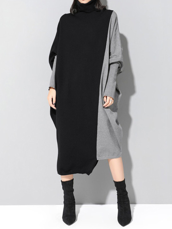 Casual Loose Split-Joint Contrast Color High-Neck Long Sleeves Dress