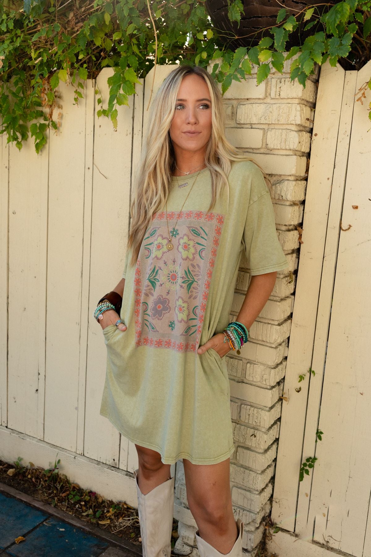 Fall Blossoms Tee Dress - Sage