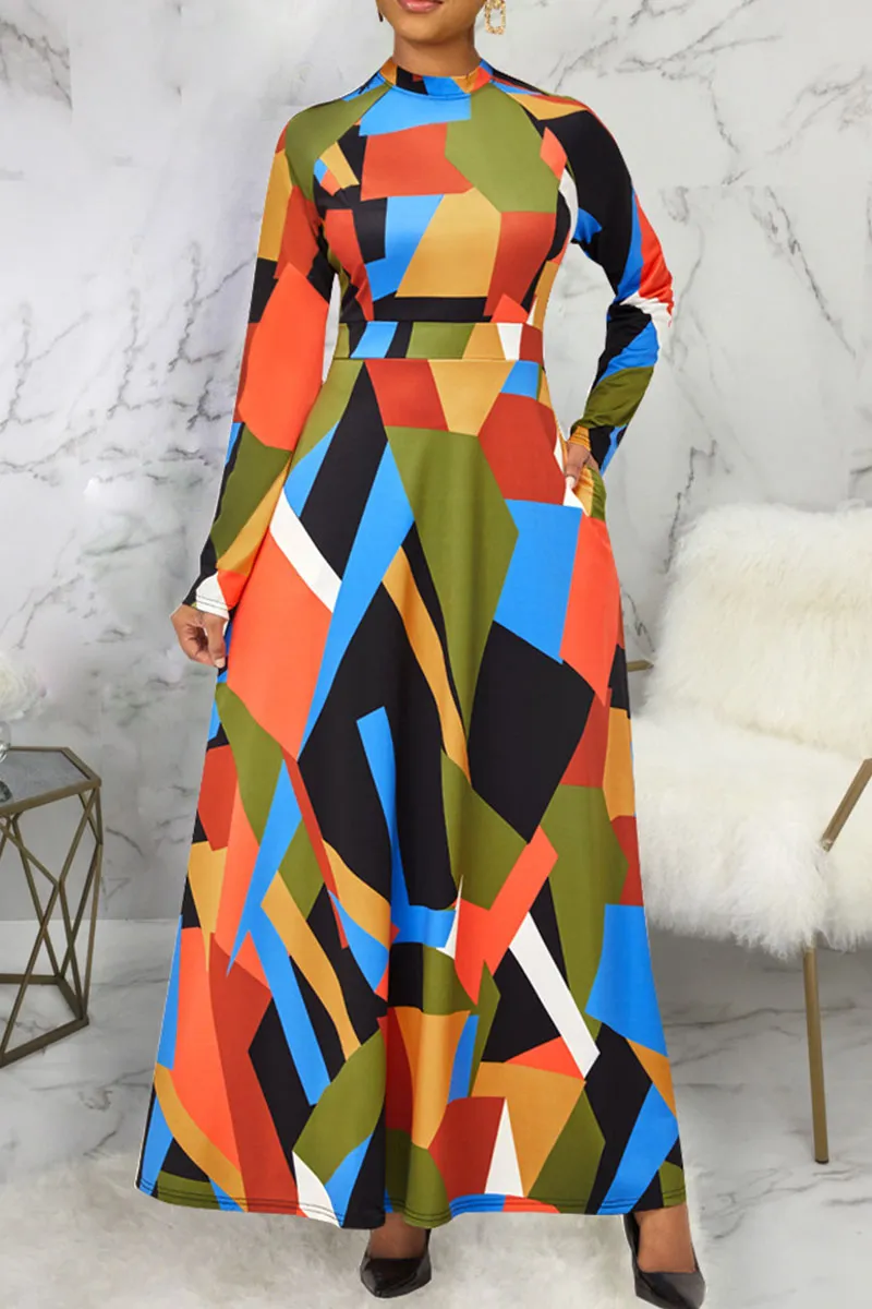 Multicolor Casual Elegant Color Lump Print Patchwork O Neck A Line Dresses