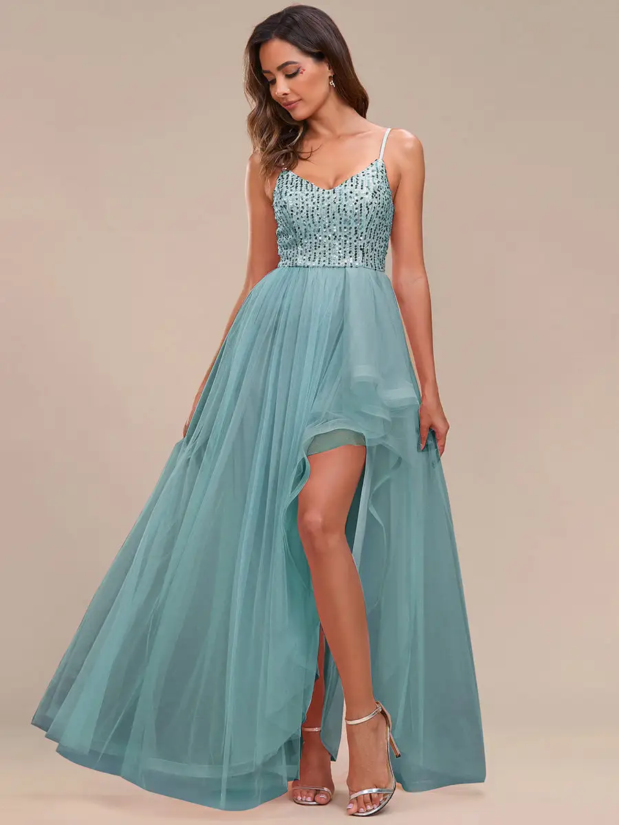 Spaghetti Straps Asymmetric Wholesale Sequin Tulle Evening Dresses