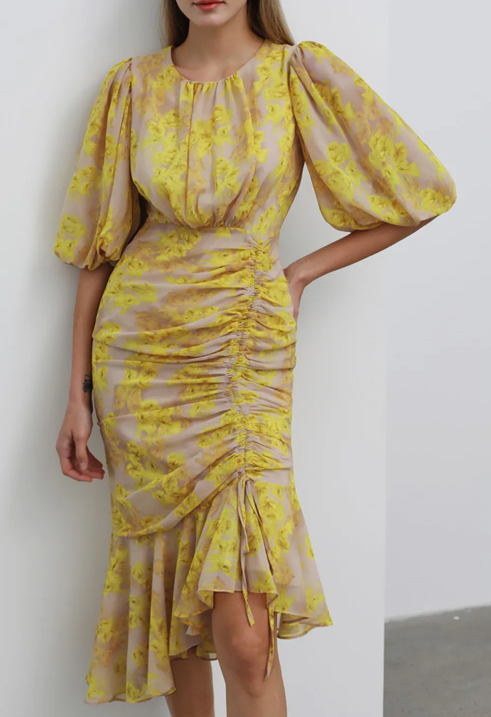 YELLOW BLOSSOM DRAWSTRING ASYMMETRIC RUFFLE MIDI DRESS