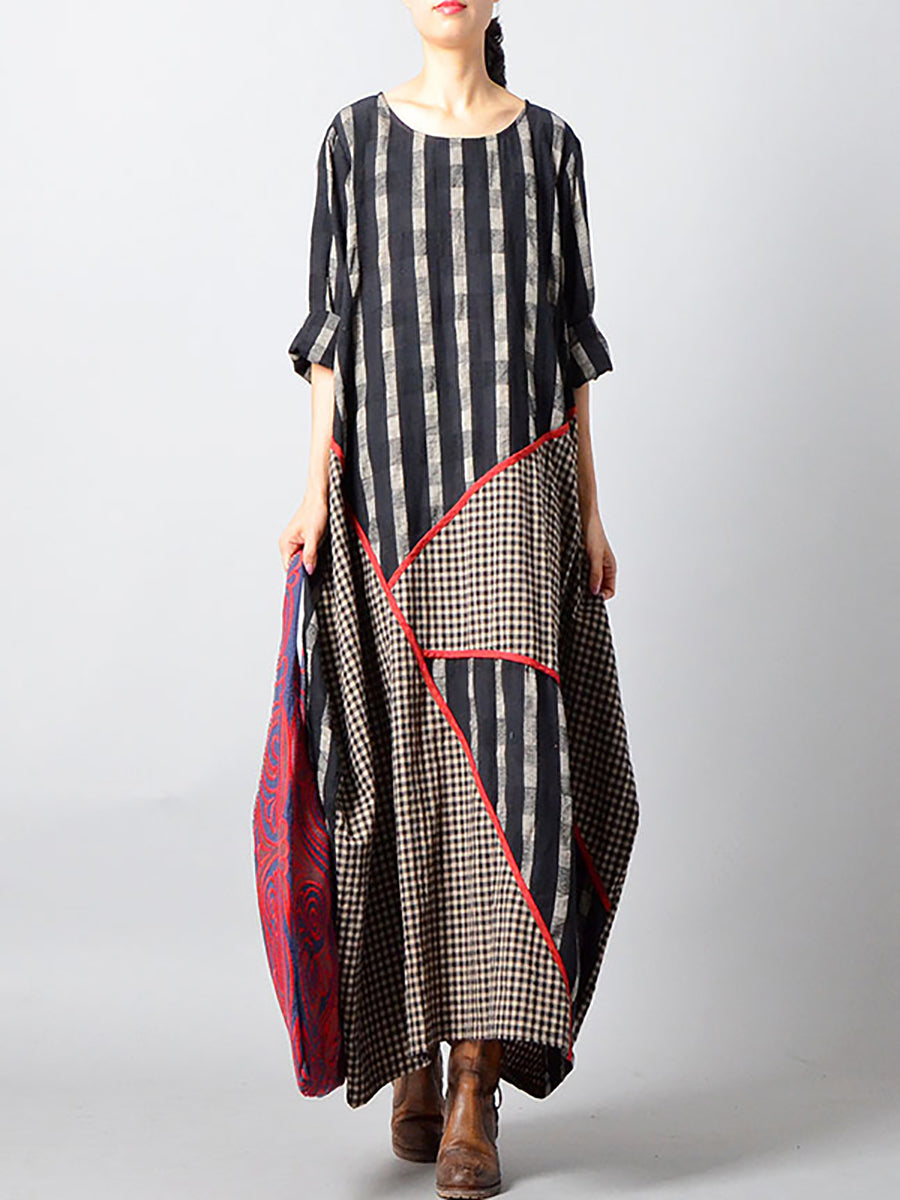 Plus Size - Stripes Plaid Spliced Irregular Cotton Linen Dress