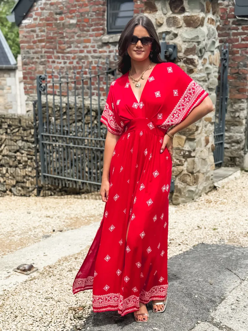 KATALYNA PATTERNED LONG DRESS - RED