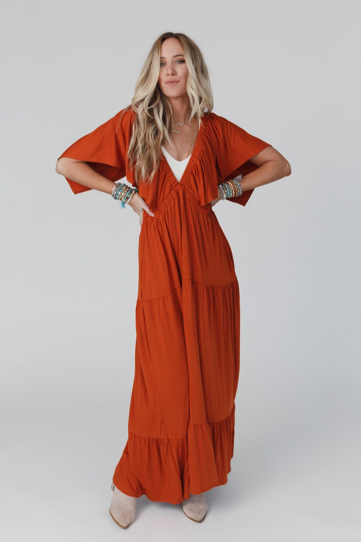 On Repeat Open Back Ruffle Maxi Dress - Spice