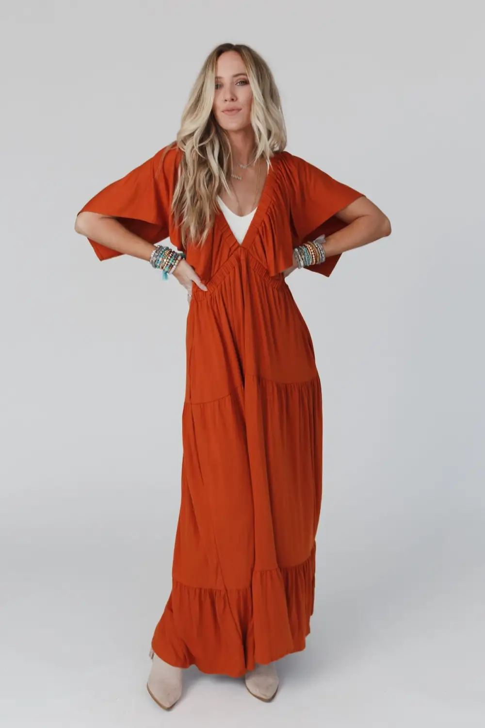 On Repeat Open Back Ruffle Maxi Dress - Spice