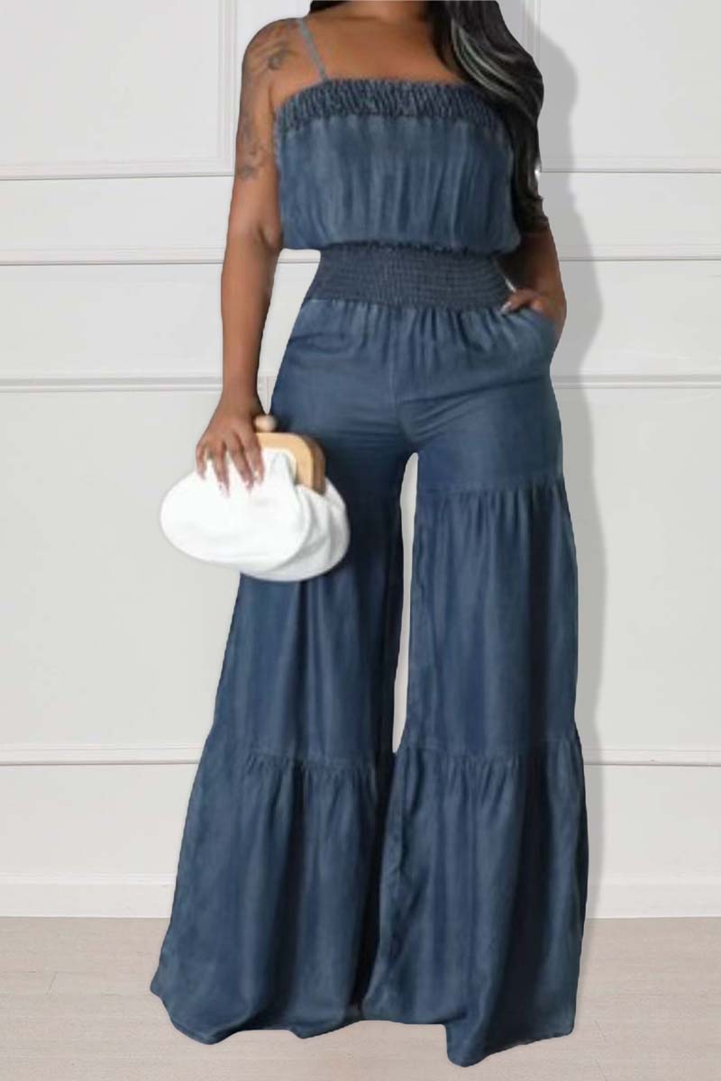 Denim Cami Elastic High Waist Wide Leg Pocket Jumpsuit