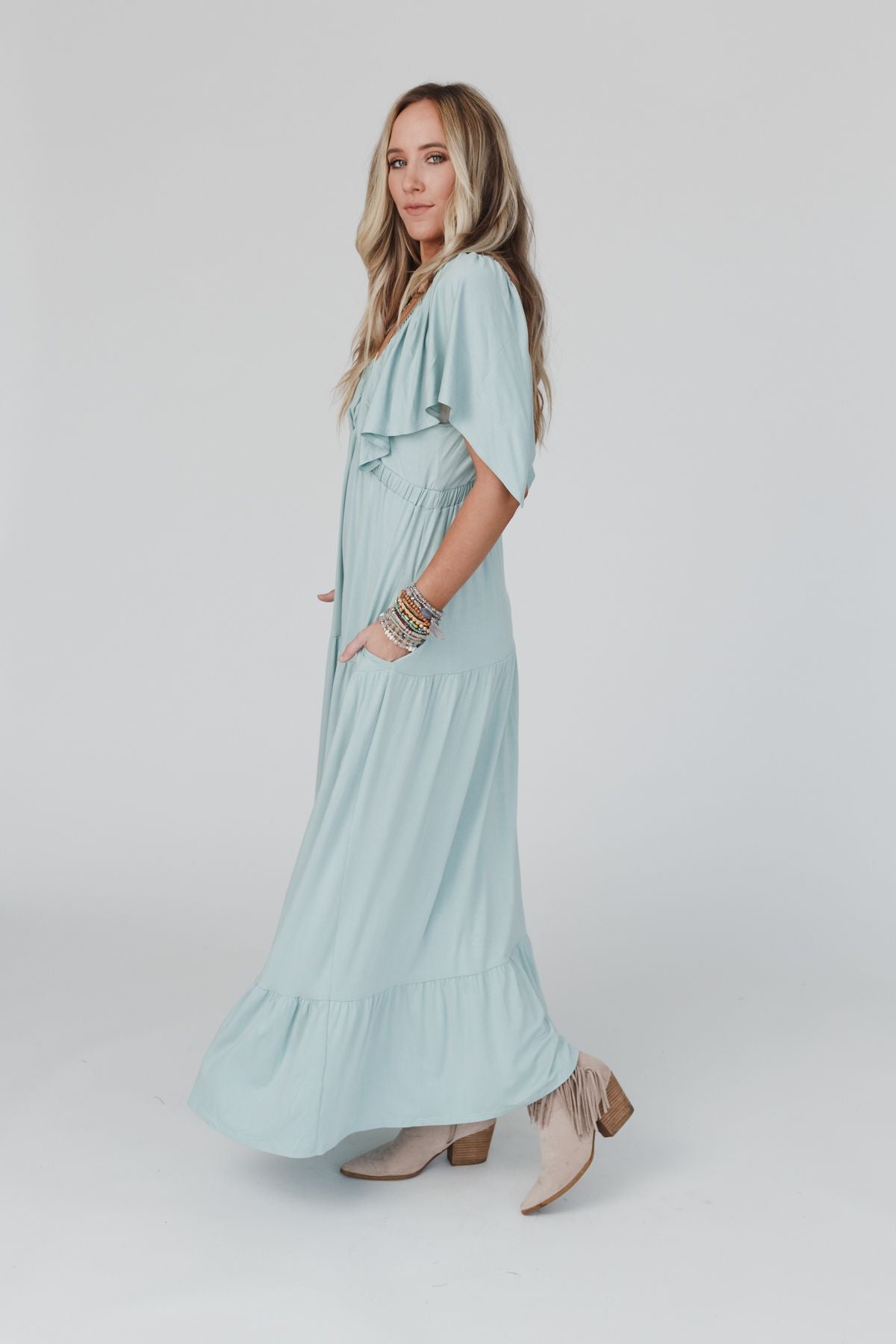 On Repeat Open Back Ruffle Maxi Dress - Seafoam