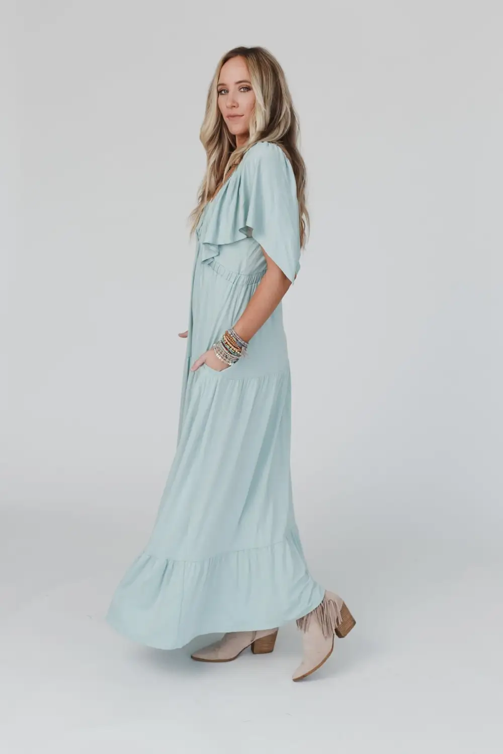 On Repeat Open Back Ruffle Maxi Dress - Seafoam