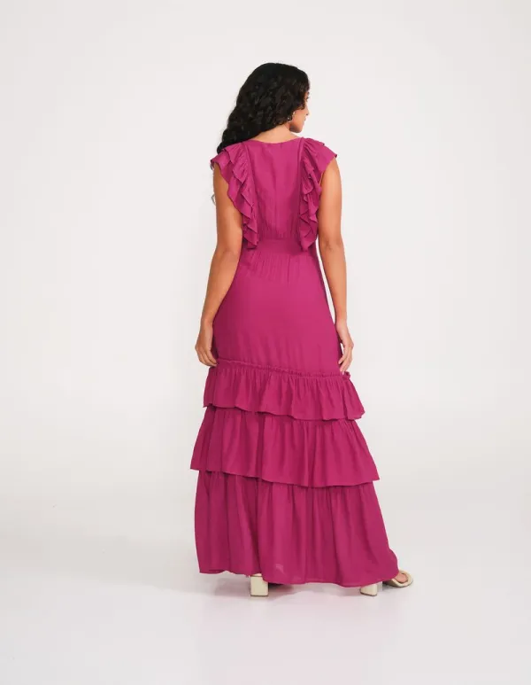 Long Ruffle Dress - Wine