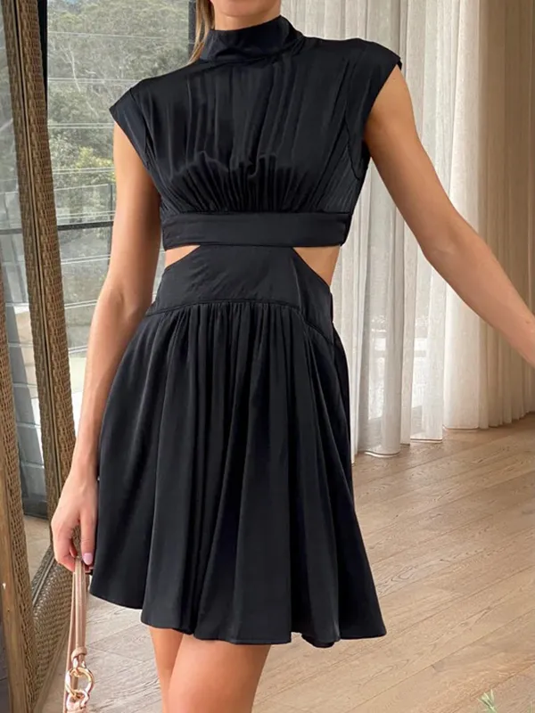 Skinny Belly-Hollow Pleated Solid Color Stand Collar Mini Dresses