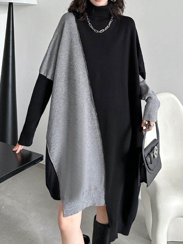 Batwing Sleeves Long Sleeves Asymmetric Contrast Color Split-Joint High Neck Midi Dresses Sweater Dresses