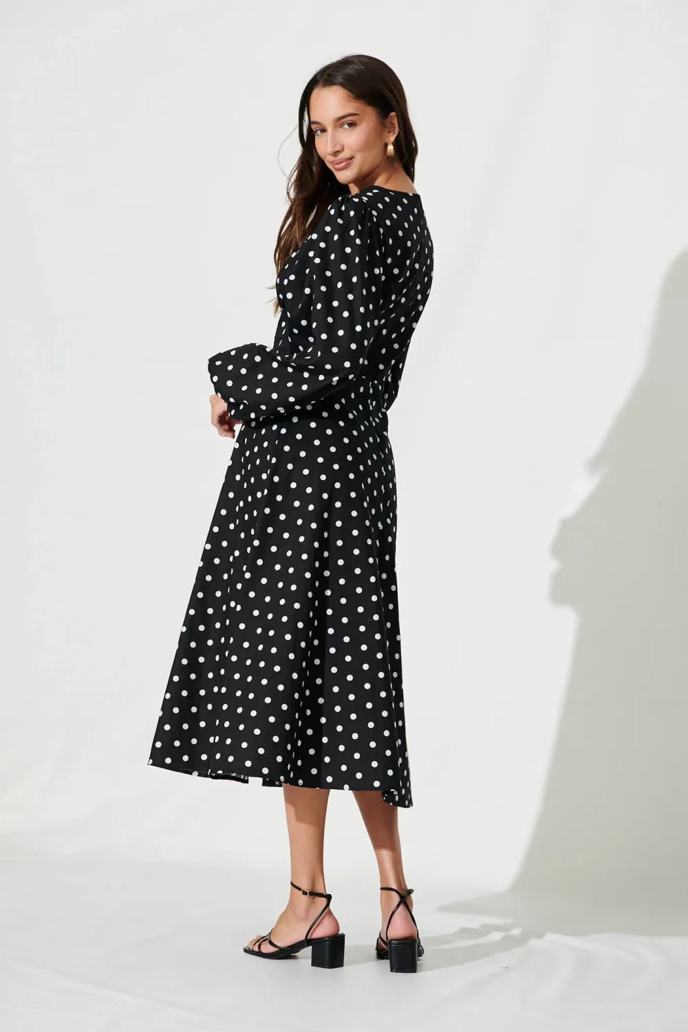 Sunburst Midi Dress In Black With White Spot Cotton