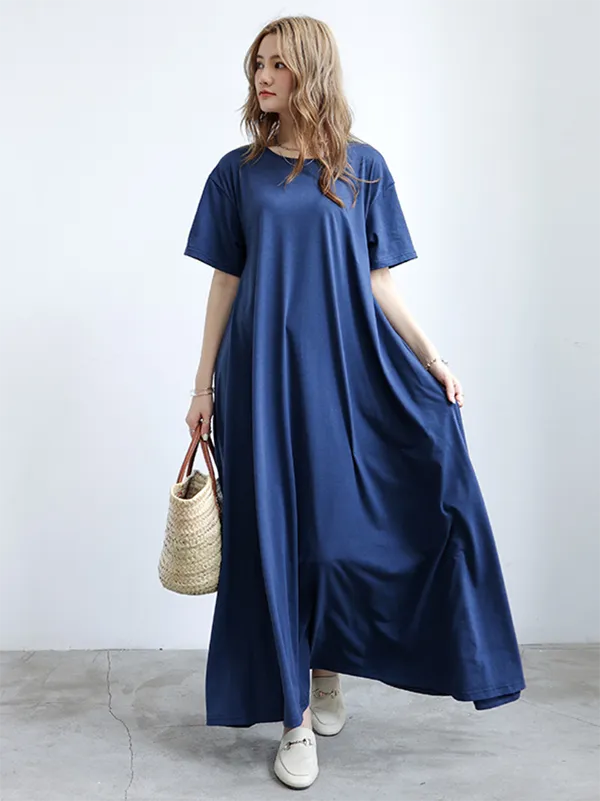 Simple Loose Short Sleeves Solid Color Round-Neck Maxi Dresses