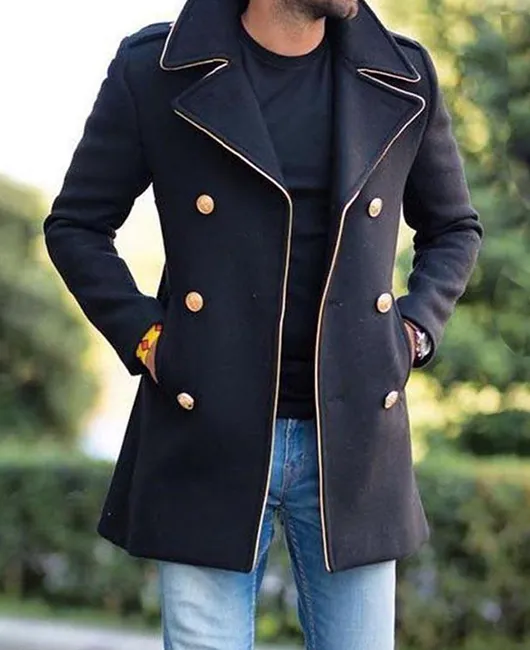 Notch Lapel Contrast Binding Double Breasted Pockets Coat