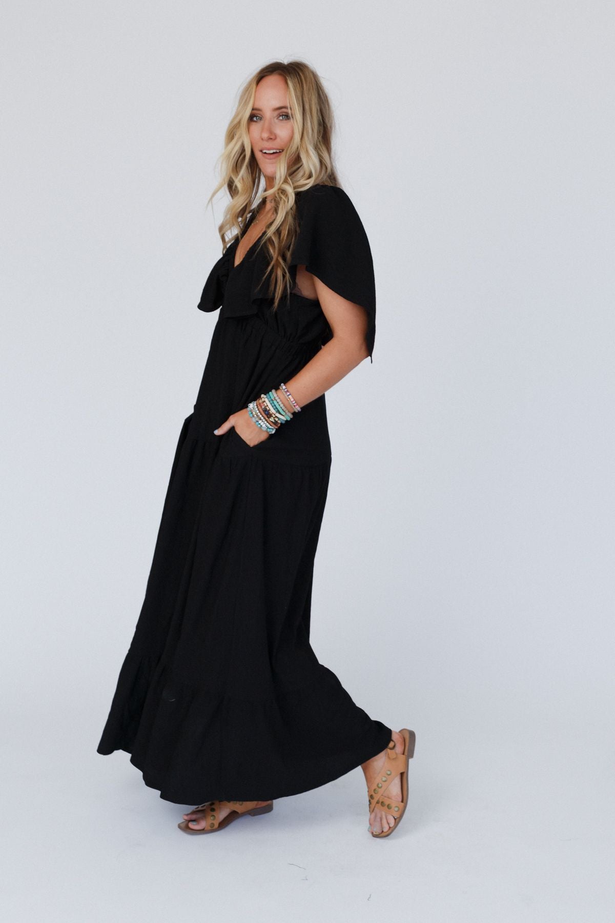 On Repeat Textured Open Back Ruffle Maxi Dress - Black