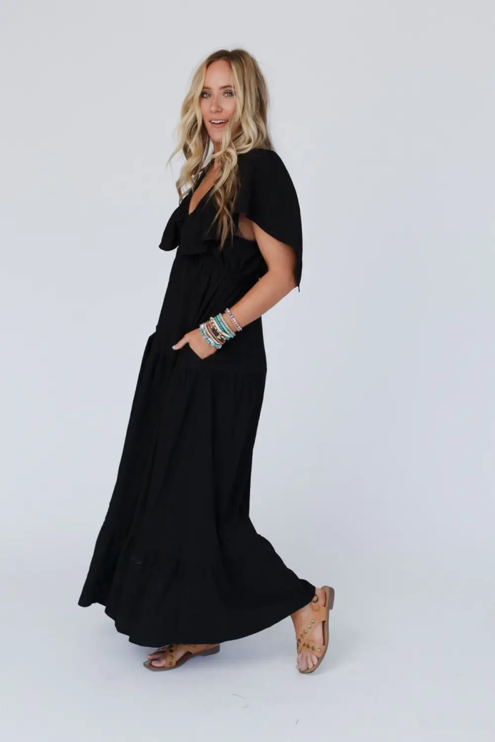 On Repeat Textured Open Back Ruffle Maxi Dress - Black