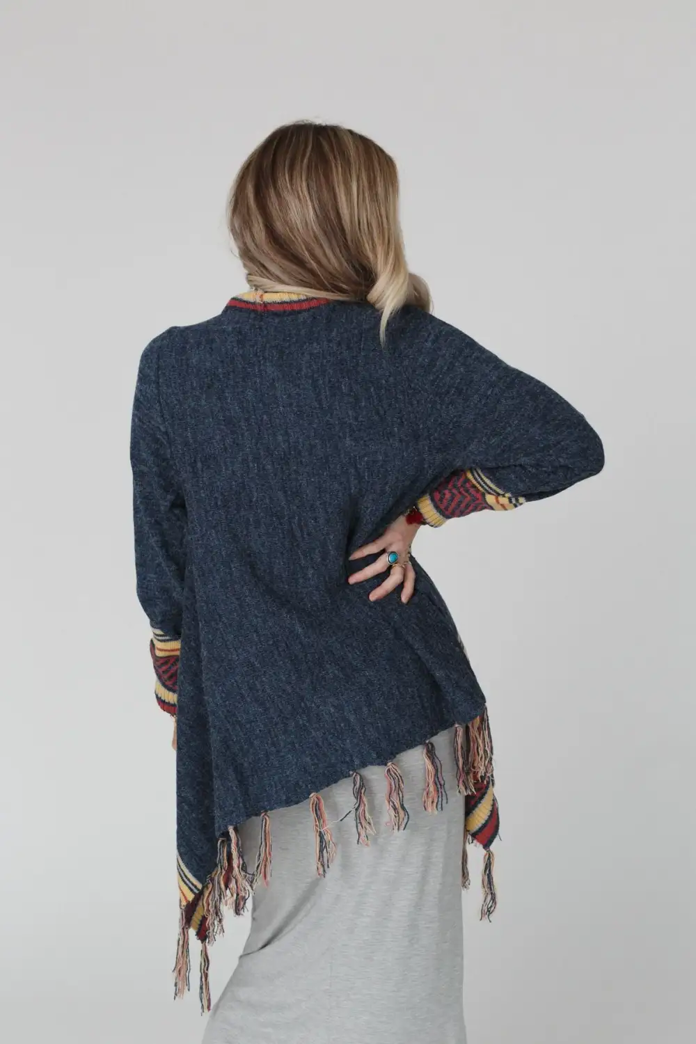 Bailey Printed Border Fringe Cardigan - Navy