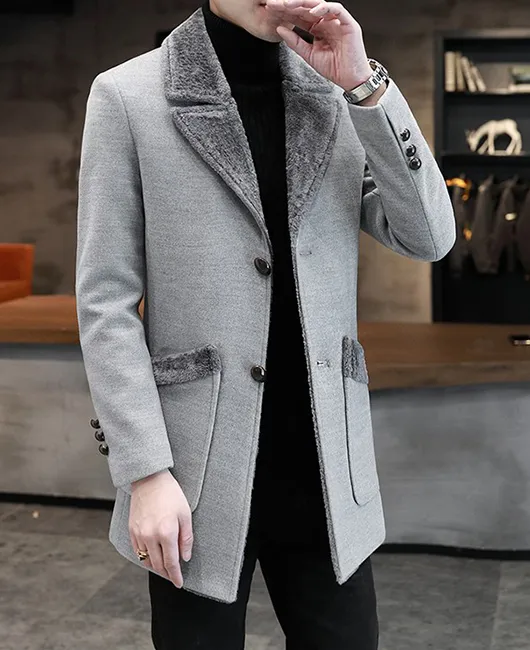 Notch Lapel Single Breasted Pockets Woolen Coat