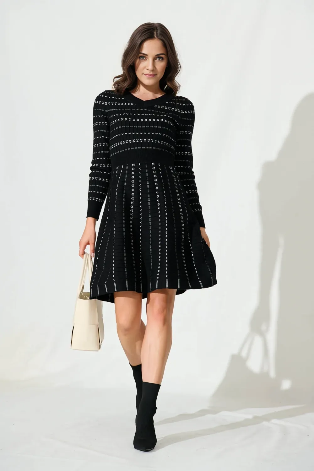 Damsel Knit Dress In Black With White Stripe