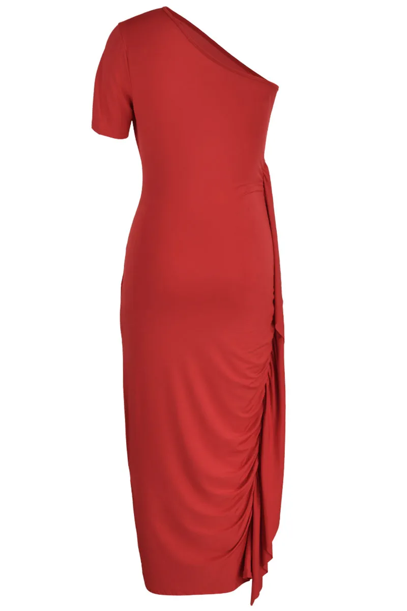 Tangerine Red Elegant Solid Patchwork Flounce Fold Oblique Collar Dresses