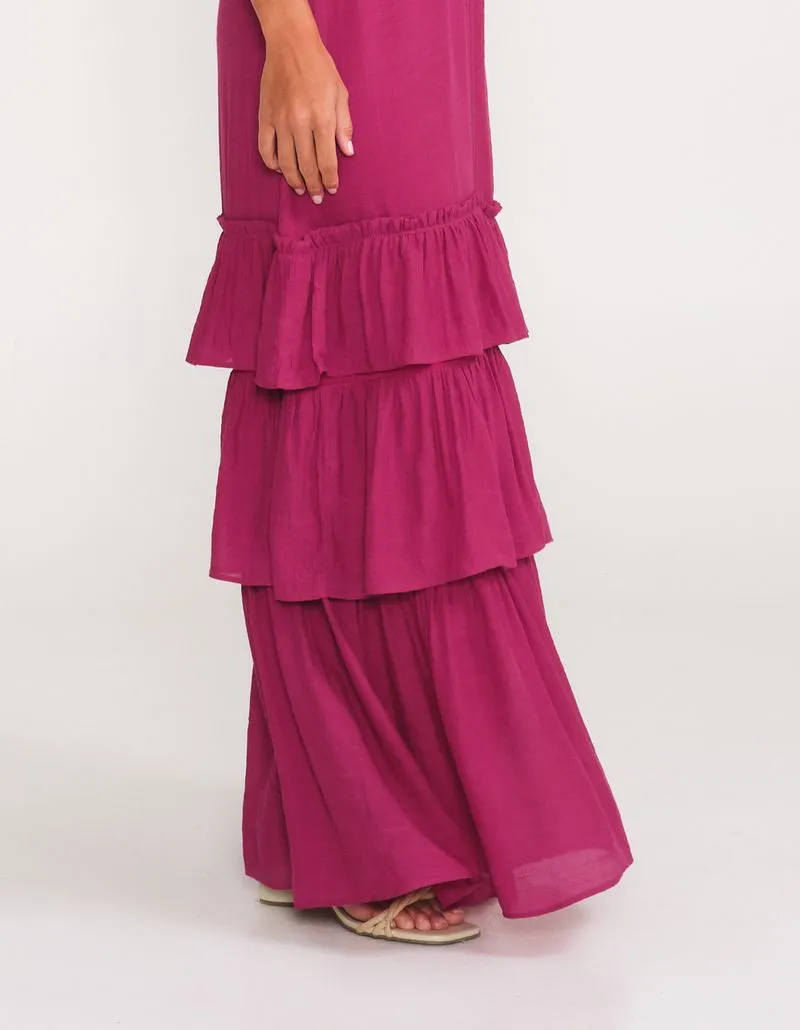 Long Ruffle Dress - Wine