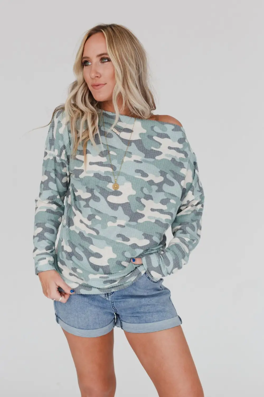 Esme Zipper Long Sleeve Sweater Top - Sage Camo