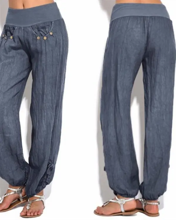 Women Casual Button Plus Size Wide Leg Pants