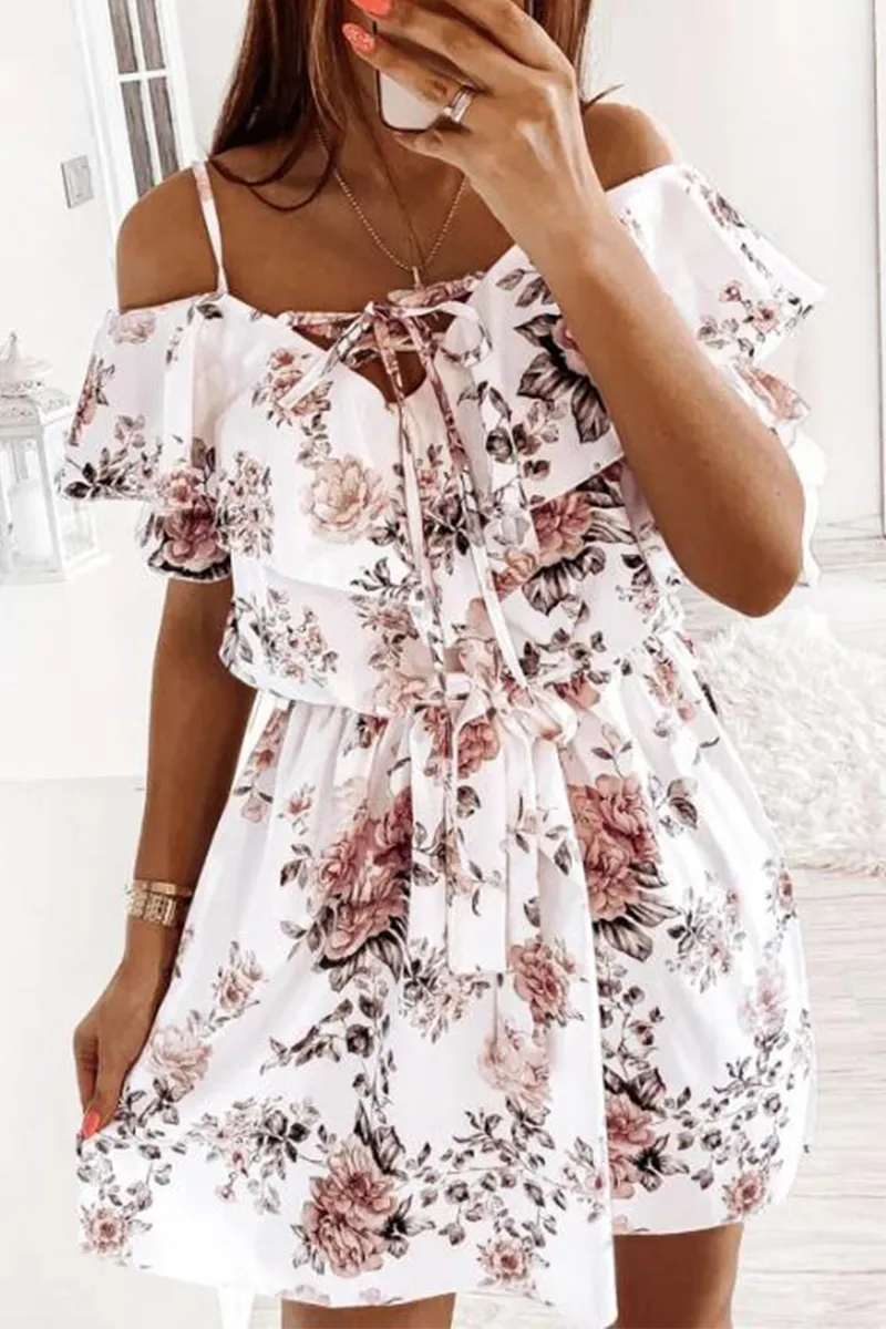 Elegant Floral Frenulum Flounce V Neck A Line Dresses