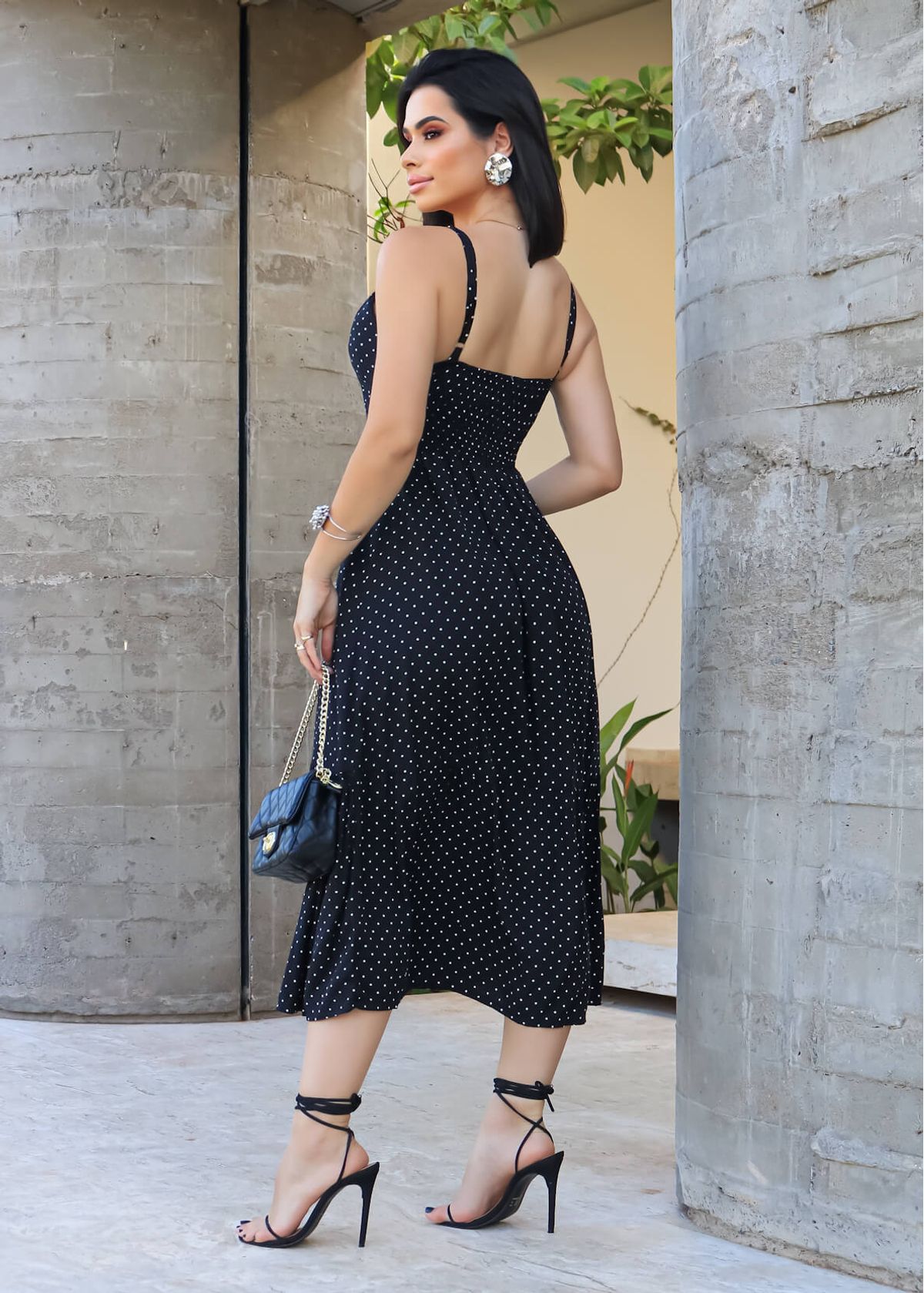 Mini Polka Dot Button Midi Dress - Black;M