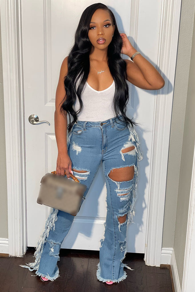 Denim Fringed Ripped Jeans