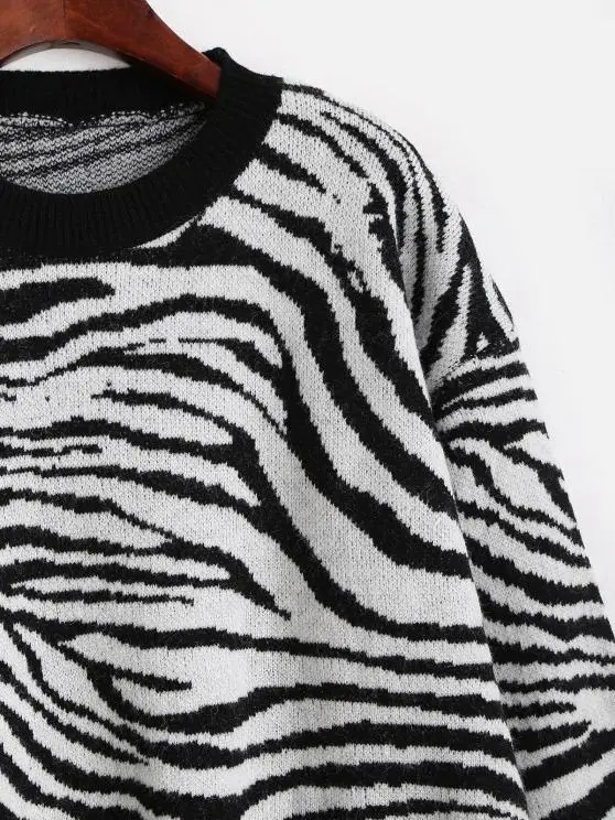 Crew Neck Drop Shoulder Zebra Sweater