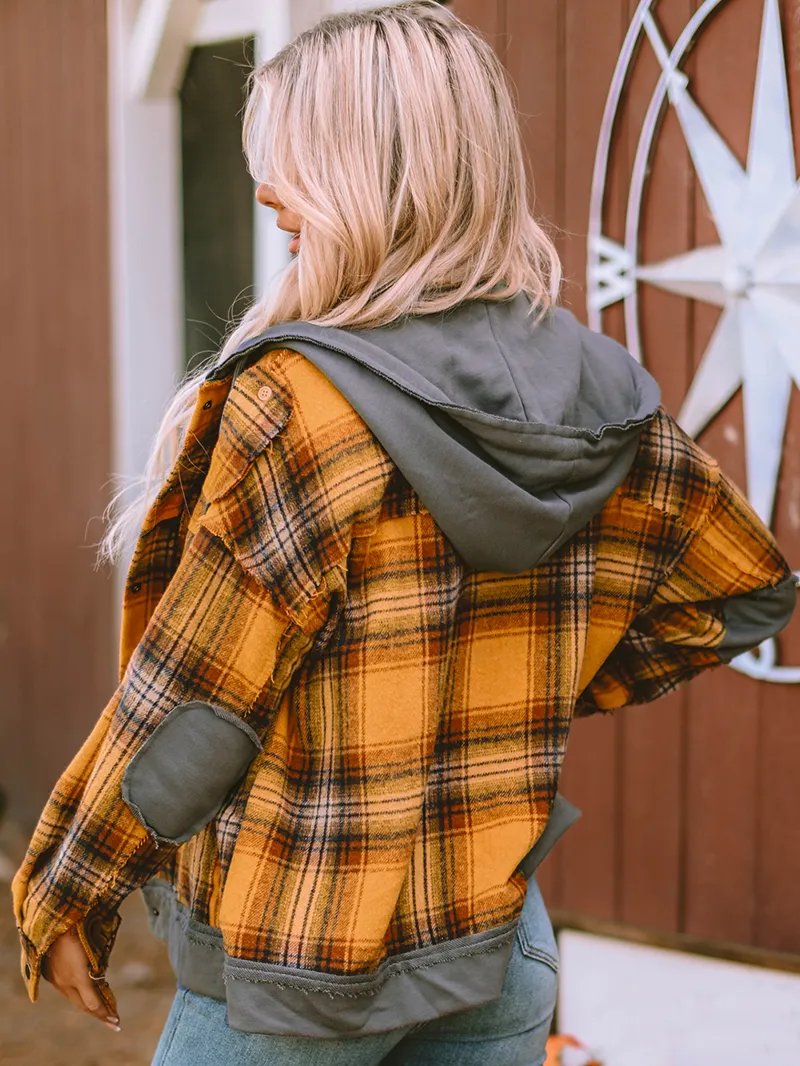 Orange Plaid Patch Hooded Frayed Snap Button Jacket