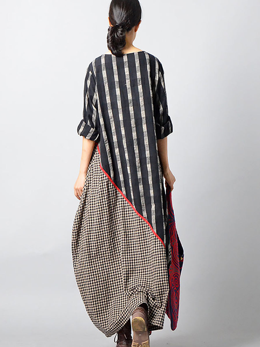 Plus Size - Stripes Plaid Spliced Irregular Cotton Linen Dress