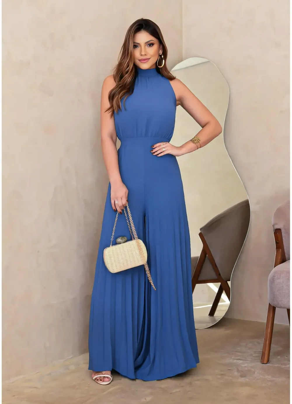 PLEATED WIDE LEG JUMPSUIT WITH TIE BACK