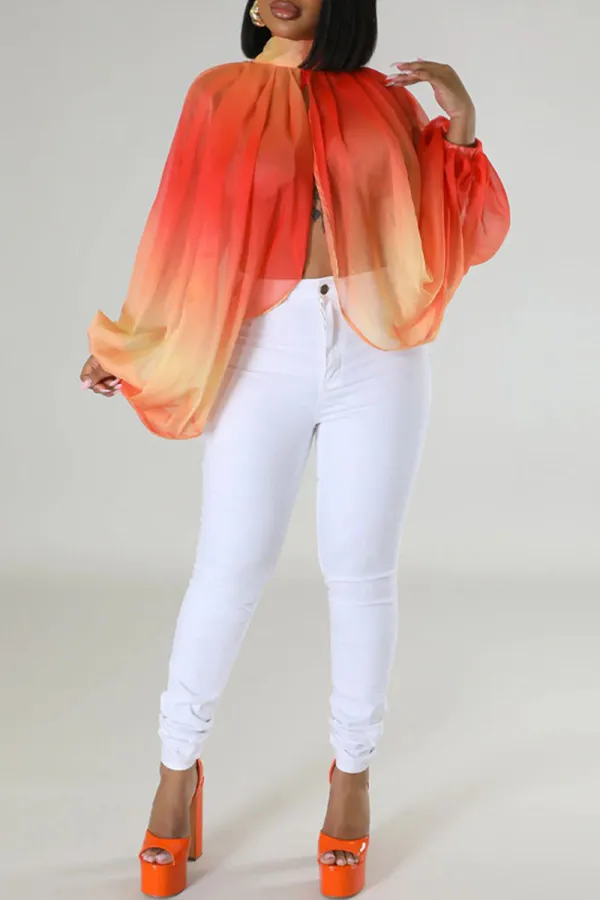 Tangerine Red Sexy Print Patchwork Asymmetrical O Neck Tops