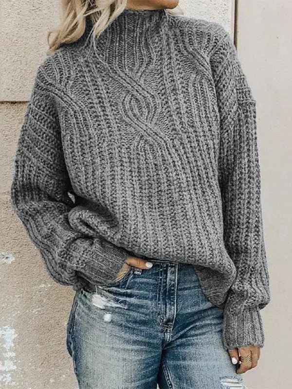 Women's Sweaters High Collar Long Sleeve Twist Knit Sweater