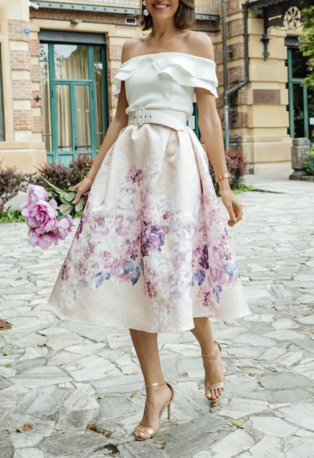 LAVENDER PEONY PRINT EMBOSSED MIDI SKIRT