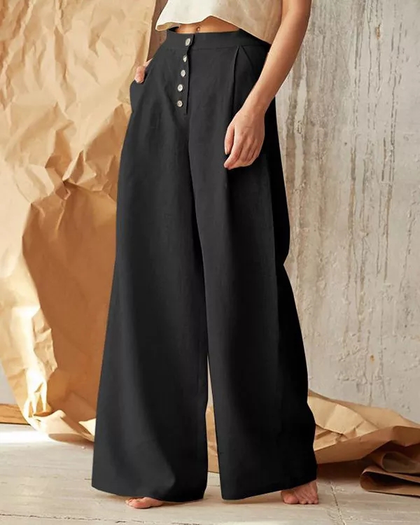 Casual Button Linen Wide-Leg Pants