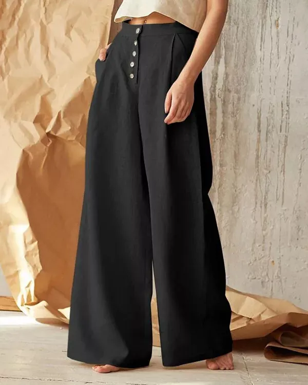 Casual Button Linen Wide-Leg Pants