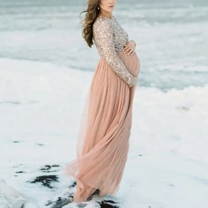 Spring Summer Pregnant Mother Pregnant Women Large Sequin Mesh Dress