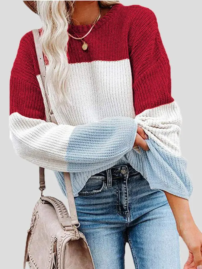 Women's Sweaters Contrasting Color Pullover Lantern Long Sleeve Sweater