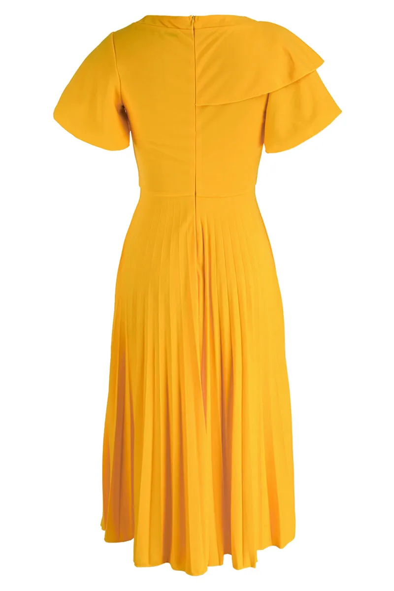 Yellow Elegant Solid Split Joint Fold Asymmetrical Collar A Line Dresses