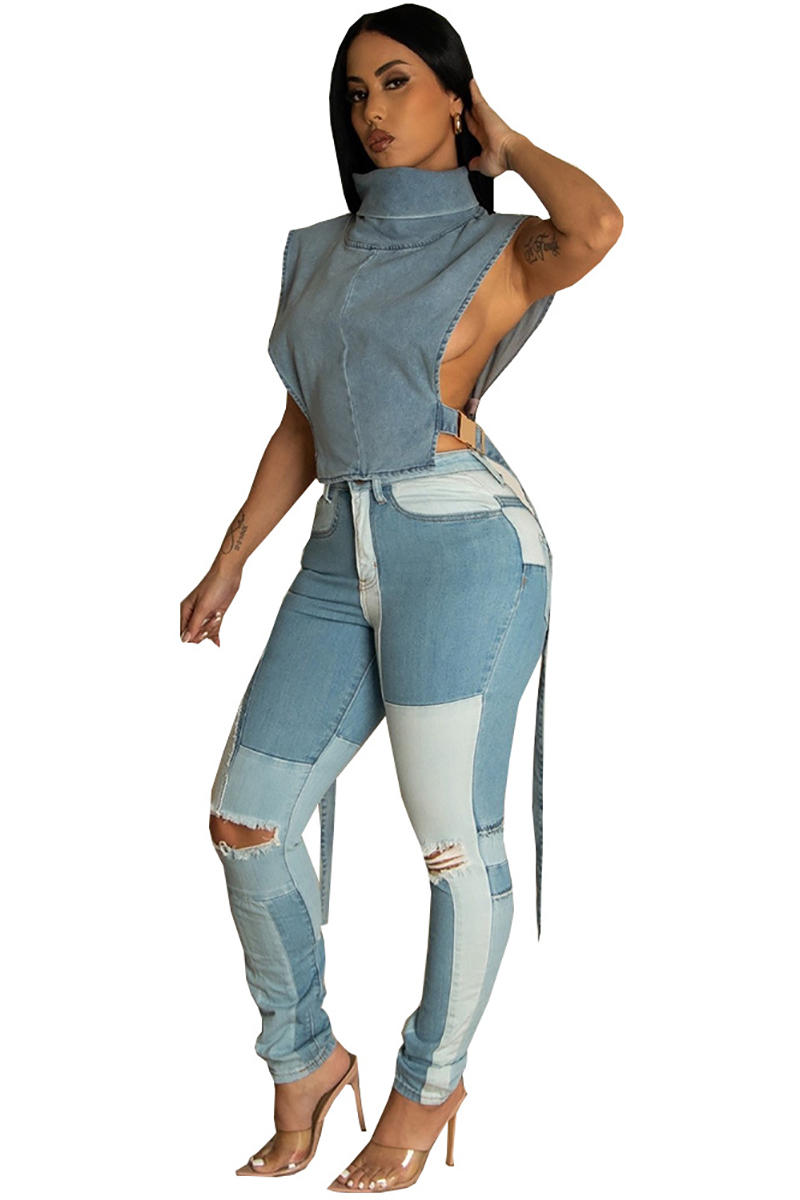 High Neck Cut Out Tied Up Sleeveless DenimTop