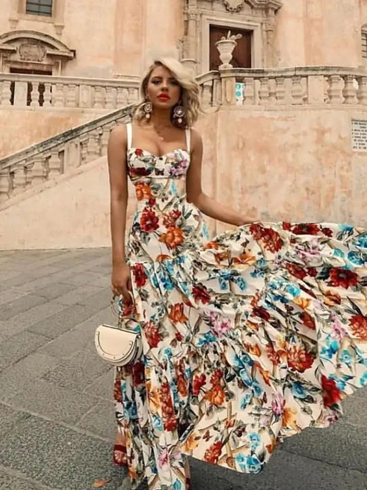 Women's Swing Dress Maxi Long Dress Sleeveless Floral Print Fall Elegant Casual Rainbow Dress